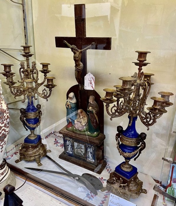 Brevettato, Italy brass ornate candelabra pair AND Stations of the Cross