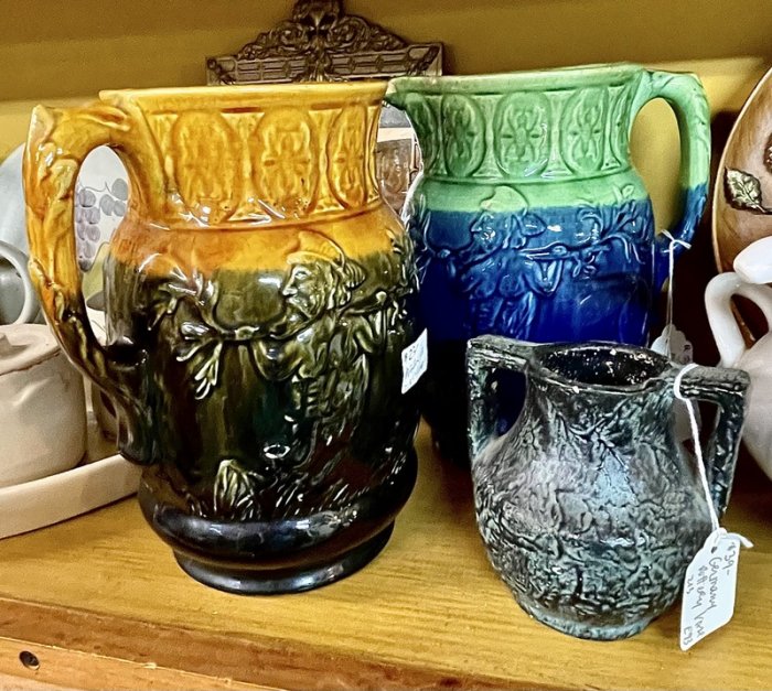 Majolica pitchers & German pottery vase