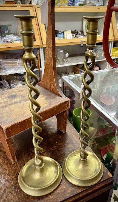 Twisted brass tall candlesticks pair